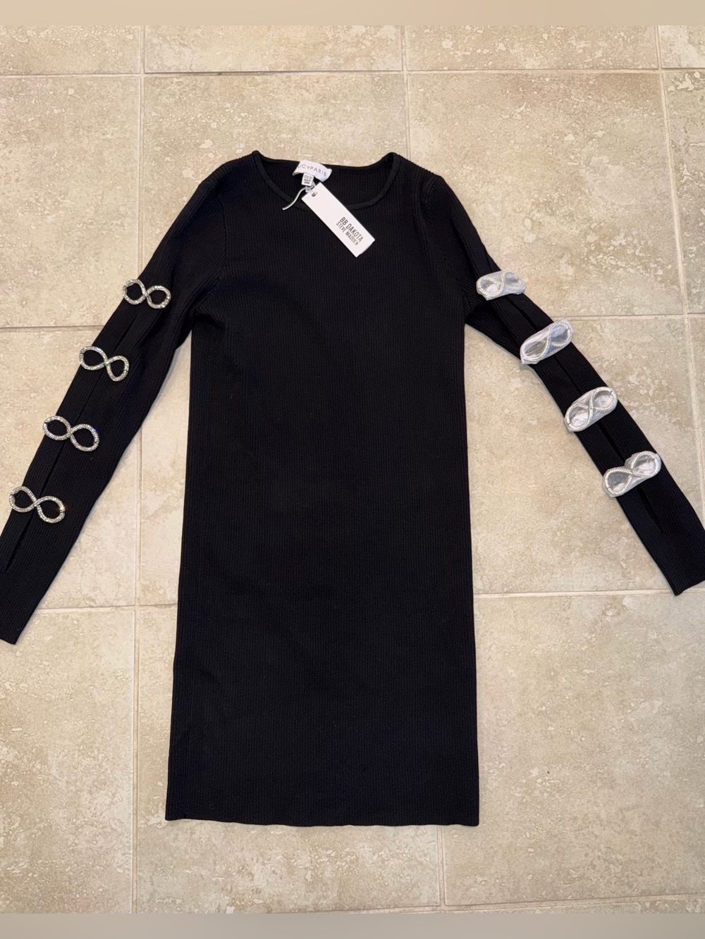BRAND NEW Black Long Sleeve Knit Dress with Silver Loop Embellishments